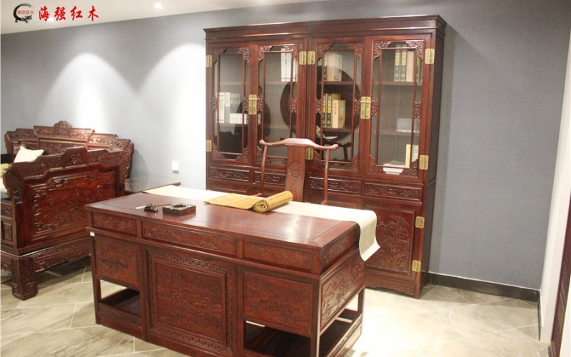 山水雕花书橱书桌